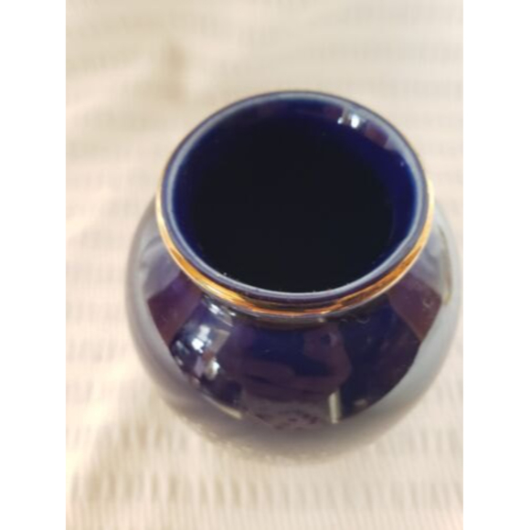 Japanese Blue Cobalt and Gold Peacock Vase Vintage Ceramic 6 inch - Hand Painted - Picture 4 of 7
